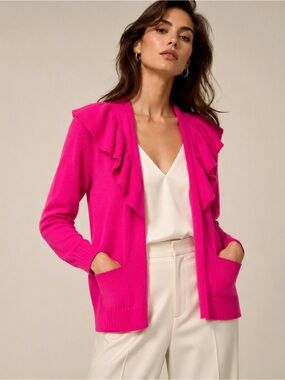 Charter Club 100% Cashmere Ruffle Collar Open Front Cardigan Sweater XL Pink